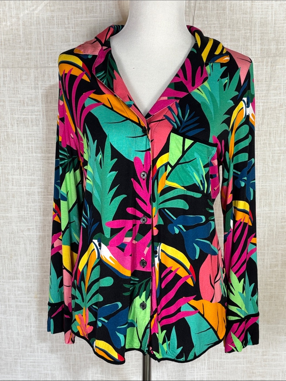 Soma Cool Nights pajama long-sleeve button-down top - vibrant tropical print!